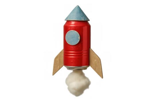 Diy red rocket crafted from a recycled can, cardboard, and cotton, representing imagination, eco-friendliness, and exploration