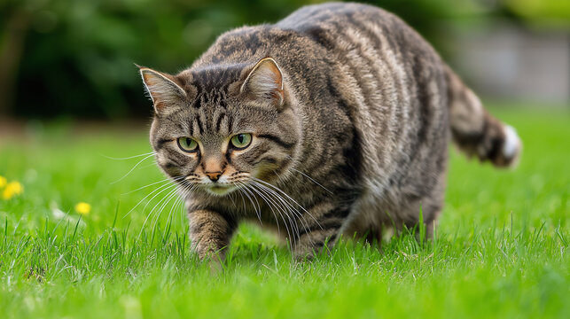 Tabby cat walking stealthily on green grass in a backyard, concept of Pets and Animals  