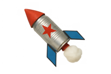 Vintage toy rocket flying with smoke trail, red star on tin body, symbolizing childhood dreams and exploration