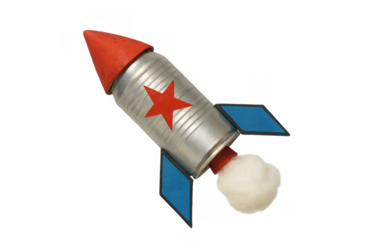 Vintage toy rocket flying with smoke trail, red star on tin body, symbolizing childhood dreams and exploration