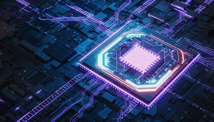 Close-up aerial view of a glowing microchip on a dark blue circuit board with neon purple and blue lights.
