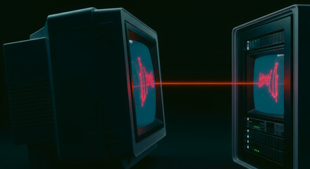 Two retro computer monitors beam a red pulse, signaling data exchange with futuristic cyberpunk vibe. 
