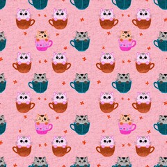 ​Cute Kittens in Mugs Seamless Pattern Background - Adorable Hand-Drawn Kawaii Cats in Teacups for Fabric, Wallpaper, Digital Paper, and Children's Design