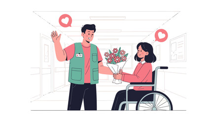 Caring Interactions Depicted With A Person Offering Flowers To Another In Wheelchair
