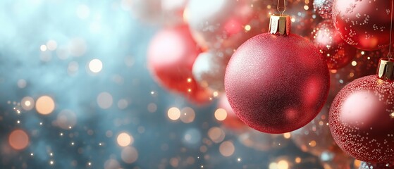 Fototapeta premium Red Christmas ornaments on a blurred background with bokeh lights for holiday greeting card and party invitation banner with festive abstract backdrop