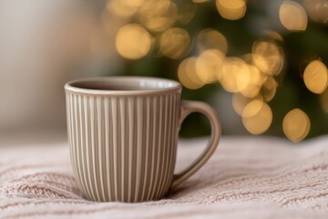 Obraz premium Ribbed beige mug filled with a warm drink, sitting on a soft knitted blanket with blurred golden bokeh lights in the background. Good copy space