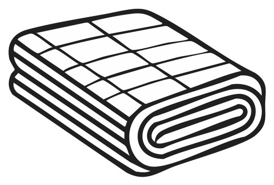 Line art illustration of a folded and rolled quilt or blanket with squared pattern graphic element, home decoration concept