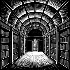 A woodcut illustration of a long library hall with bookshelves © Sara
