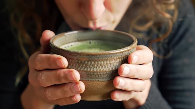 Woman enjoying a warm matcha tea, a moment of tranquility and mindful ritual