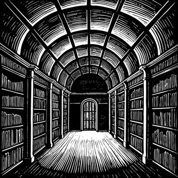 A woodcut illustration of a long library hall with bookshelves