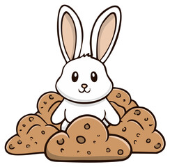 Obraz premium Cute cartoon rabbit sitting in a giant pile of chocolate chip cookies