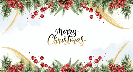 Hand-Painted Christmas Border Design Featuring Pine Branches, Red Holly Berries, and Pine Cones with Golden Brush Strokes on a White Background, Perfect for Rustic and Traditional Holiday Greetings