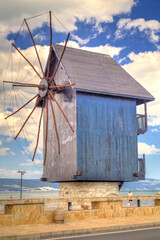Wooden windmill a tourist attraction in the old city of Nessebar in Nessebar, Bulgaria, Europe
