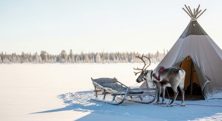 Winter wilderness: reindeer and snowy teepee scene in remote landscape