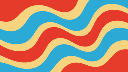 Retro groovy background with wavy lines in red, yellow, and blue, reminiscent of the 1970s perfect for adding a vintage touch to your designs and projects