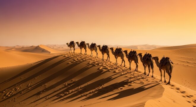 Camel caravan crossing majestic sand dunes at sunset in the desert