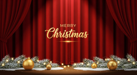 Dramatic Merry Christmas Theater Stage Background with Heavy Red Velvet Curtains, Frosted Pine Garland, Glowing Lights, and Golden Ornaments on a Stage Floor, Ideal for Event and Performance Promotion