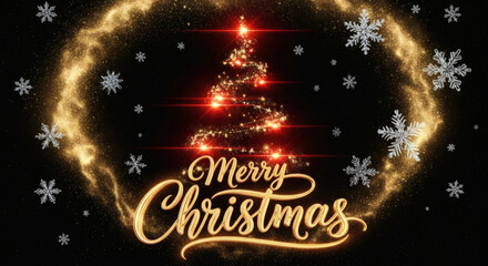 Dramatic Black Background with Glowing Golden Merry Christmas Calligraphy and an Abstract Christmas Tree Formed by Twirling Red and Gold Light Particles, Surrounded by Sparkling Snowflakes and Glitter