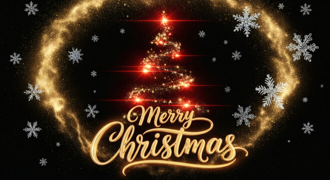 Dramatic Black Background with Glowing Golden Merry Christmas Calligraphy and an Abstract Christmas Tree Formed by Twirling Red and Gold Light Particles, Surrounded by Sparkling Snowflakes and Glitter - Powered by Adobe