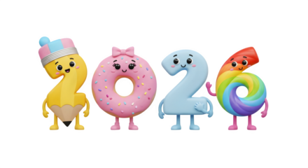 Happy 2026 cartoon numbers: pencil, donut, blue, rainbow characters