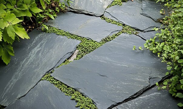 Slate flagstone path with green ground cover plants