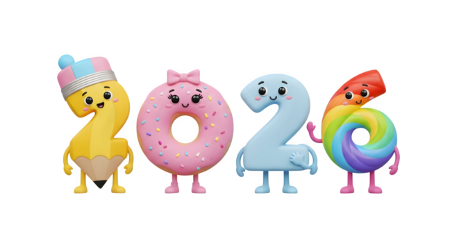 Happy 2026 cartoon numbers: pencil, donut, blue, rainbow characters