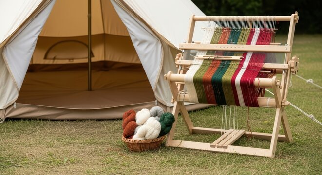 Outdoor weaving setup with colorful yarn and tent in natural setting