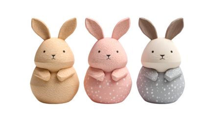 Three Decorative Bunny Figures, isolated on transparent background