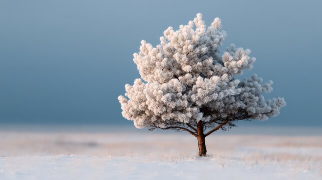 Lone pine tree blanketed in white rime frost, standing on a snow covered field with copy space. Cold winter landscape - Powered by Adobe