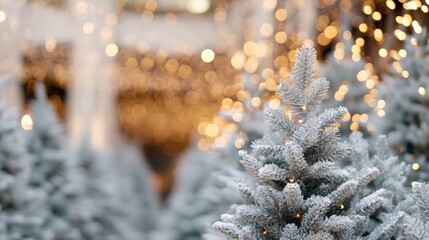 White artificial Christmas trees covered in faux snow, sparkling with small lights, creating a festive blur of warm bokeh lights