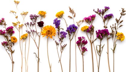 Dried flowers on white background, a delicate and colorful floral arrangement.