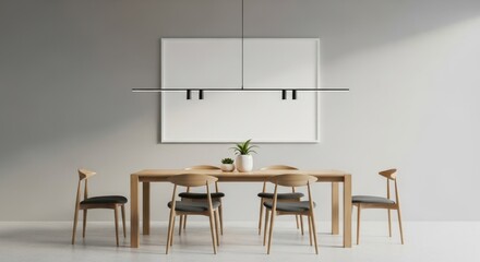 Minimalist dining room with wooden table and six chairs against plain wall