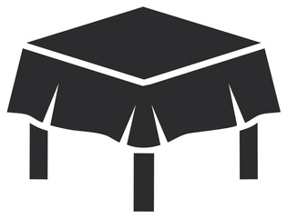 Clean modern dark grey silhouette icon of a square table with an elegant draped tablecloth for events