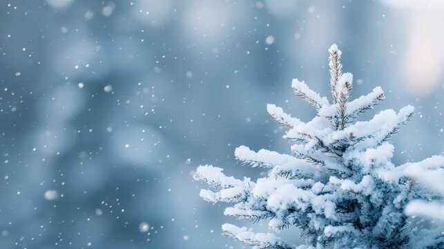 Evergreen tree branches covered in fresh white snow during a winter snowfall, with falling snowflakes and copy space - Powered by Adobe