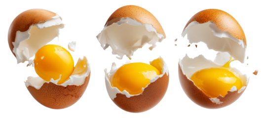 Cracked brown egg with intact yolk and broken shell in high detail, isolated on white transparent background