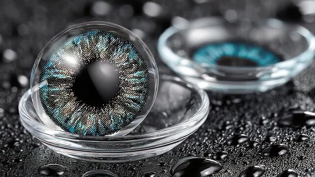 Close-up of two colored contact lenses in glass dishes on a textured, black surface with droplets