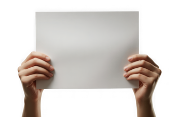 Two hands holding up a large blank white horizontal poster for your text. Isolated on transparent background, PNG