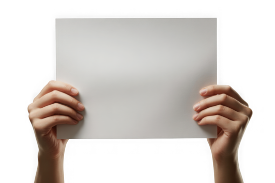 Two hands holding up a large blank white horizontal poster for your text. Isolated on transparent background, PNG