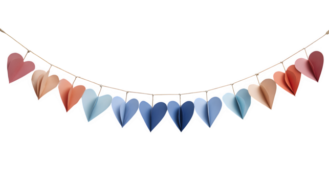 Paper heart garland, isolated on transparent background