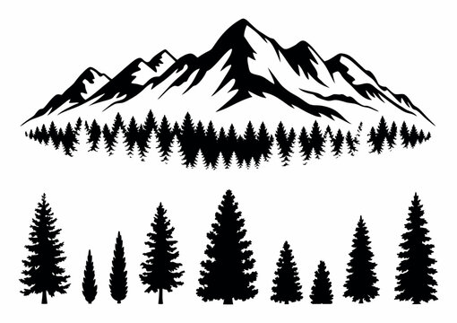 Black and white mountain landscape with pine trees silhouettes vector art