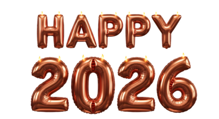 Happy 2026 rose gold foil balloons with candles for celebration