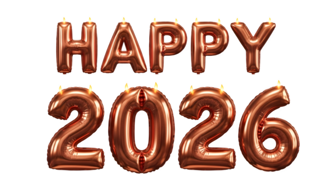 Happy 2026 rose gold foil balloons with candles for celebration