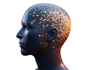 Profile of a dark human head with glowing golden particles scattered across its surface, symbolizing consciousness or digital thought, isolated on transparent background