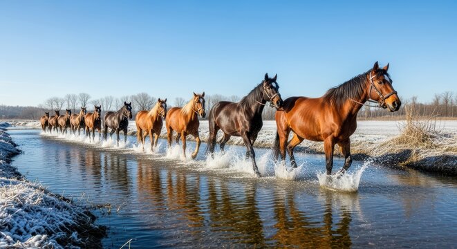 Herd of brown horses galloping through winter stream in snowy landscape - Powered by Adobe