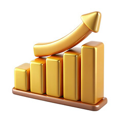 Golden bar chart with an upward trending arrow, symbolizing growth and success, isolated on transparent background