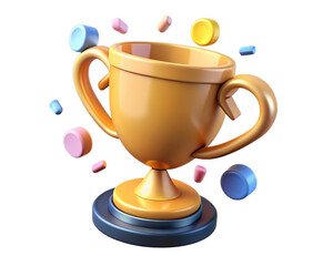 A golden trophy with handles, floating in the air with colorful abstract shapes surrounding it, isolated on transparent background