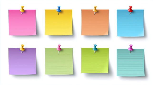 Collection of empty memo pads with pushpins, concept for reminders and organization