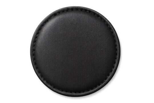 Black leather round patch mockup with stitching, blank template for logo or design, transparent background