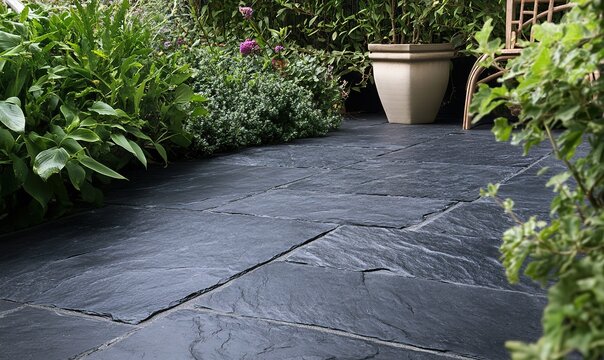 Textured dark grey natural slate garden patio path
