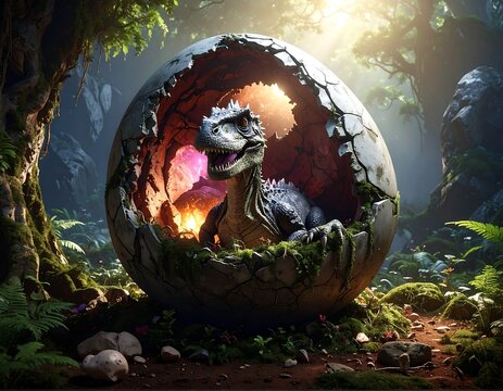 A dinosaur hatchling emerges from an egg in a primeval forest - Powered by Adobe